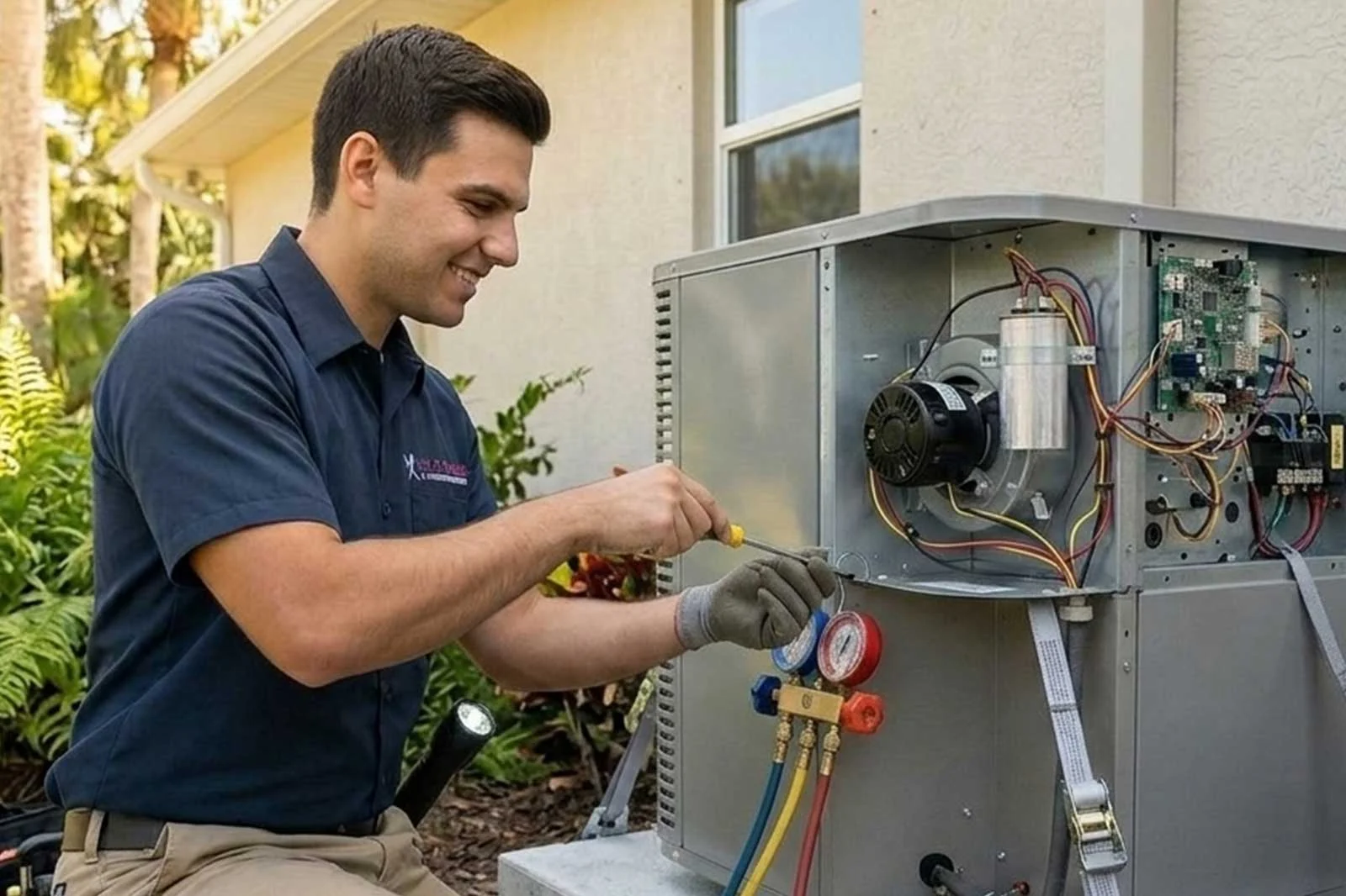 Heatpump-Technician Ericas plumbing technician fixing a heating system in Florida