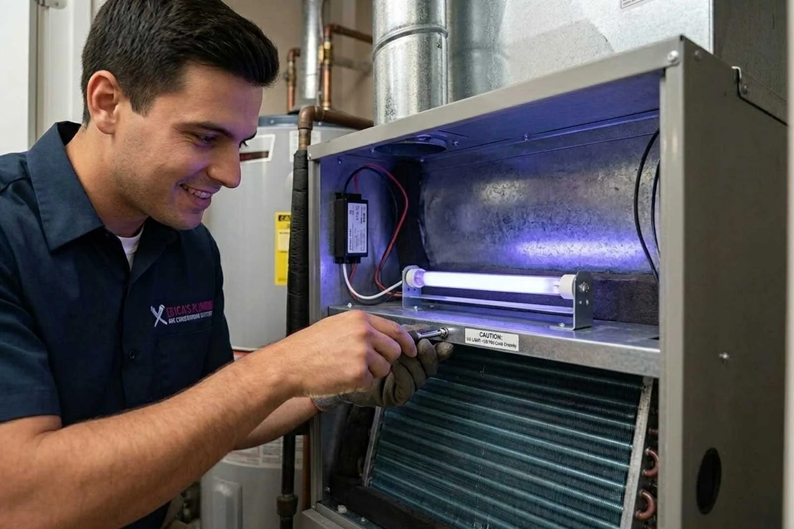 Indoor-Air-Quality-Technician Technician installing a UV light for better Indoor Air Quality at a South Florida Residence